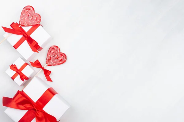 Fondo Del Día San Valentín Cajas Regalo Blancas Con Cinta — Foto de Stock