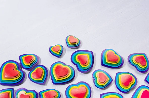 Fondo Festivo Lgbt Corazones Valentines Multicolores Como Borde Tablero Madera — Foto de Stock