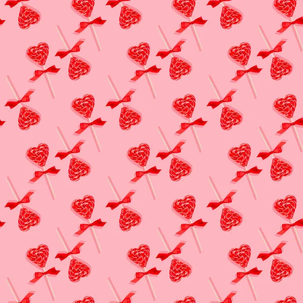 Naadloze Valentijnsdag Patroon Met Rode Lolly Hartjes Schaduw Pastel Roze — Stockfoto