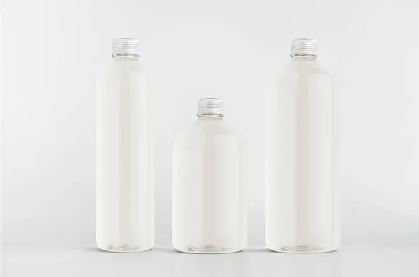 Set Van Verschillende Grootte Plastic Lange Lage Dikke Flessen Met — Stockfoto