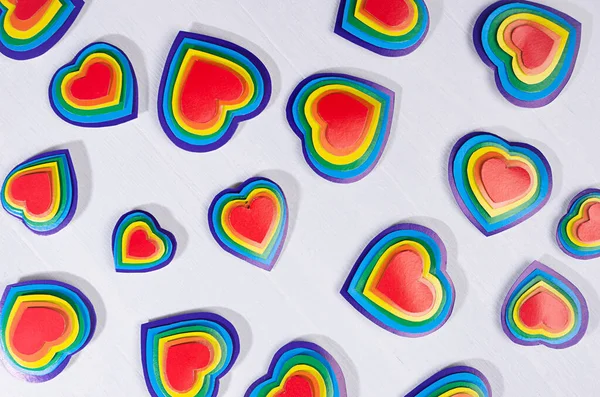 Festive Lgbt Background Multicolored Valentines Hearts Pattern White Wood Board — Stockfoto