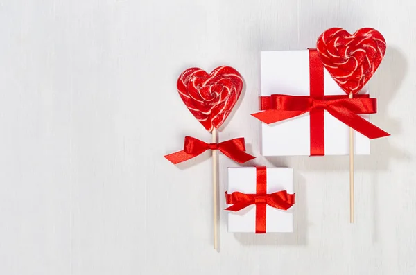 Fondo Divertido Día San Valentín Cajas Regalo Blancas Con Lazo — Foto de Stock