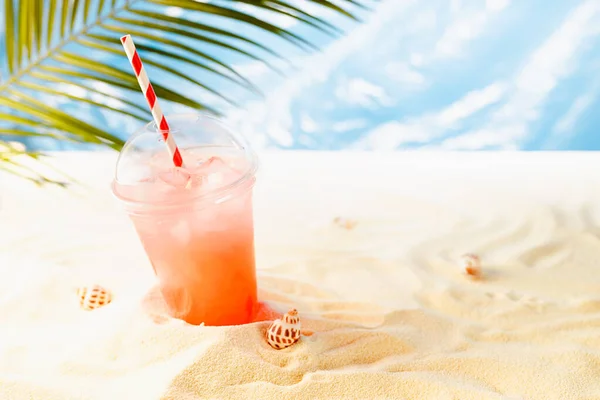 Cold Fresh Pink Fruit Drink Takeaway Ice Cubes Sunny Summer — Fotografia de Stock