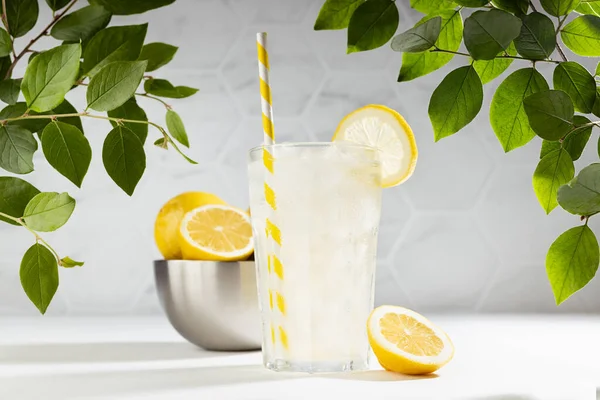 Detox Frischer Zitronensaft Von Reifen Zitronen Mit Eis Glas Mit — Stockfoto