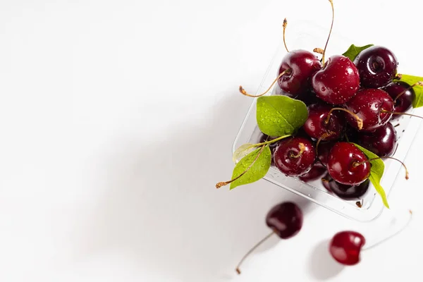 Bright Wet Ripe Red Cherry Plastic Box Organic Produce Wrapping — Stock Photo, Image