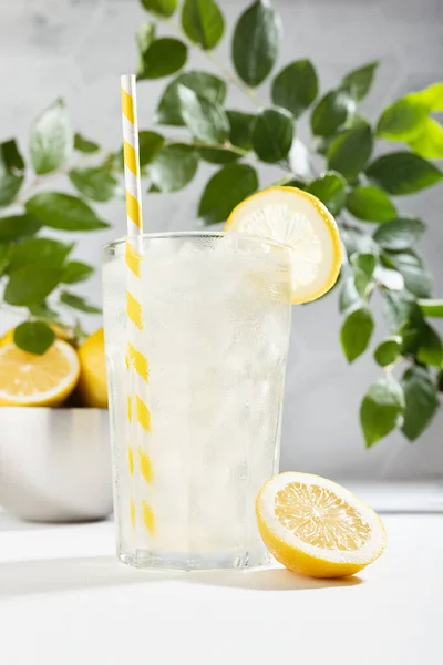 Limonada Azeda Verão Fresca Vidro Com Gelo Palha Fatia Limão — Fotografia de Stock