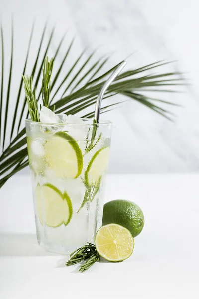 Zelfgemaakte Verfrissende Mojito Cocktail Met Ijs Limoenschijfje Groene Rozemarijn Takje — Stockfoto