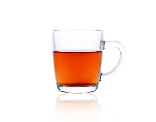 Durchsichtiger Becher Mit Schwarzem Tee Auf Weißem Hintergrund Kopierraum — Stockfoto