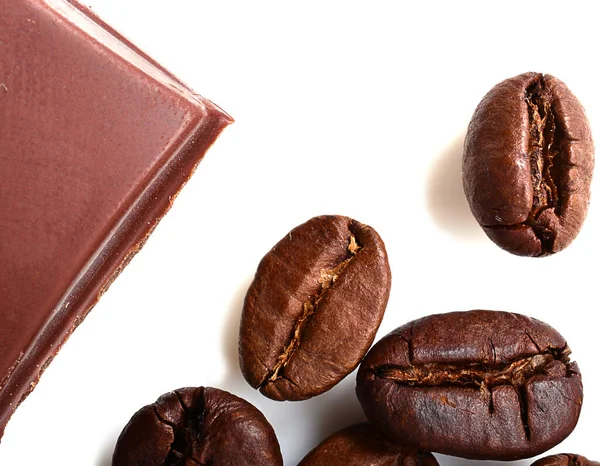 Csokoládé Pörkölt Kávébab Fehér Alapon Izolálva Lapos Fekvés Másolás Helye — Stock Fotó
