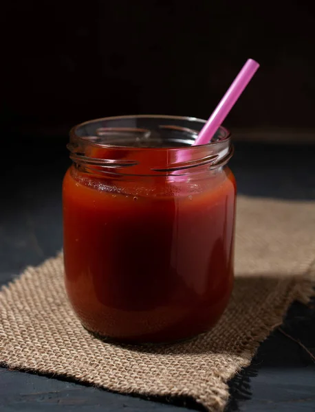 Jar Tomato Juice Straw Sackcloth Dark Background Concept Rustic Life — Stock Photo, Image