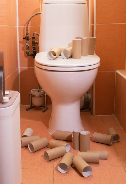 Пустые Рулоны Туалетной Бумаги Лежат Полу Туалете Возле Туалета Копировальное — стоковое фото