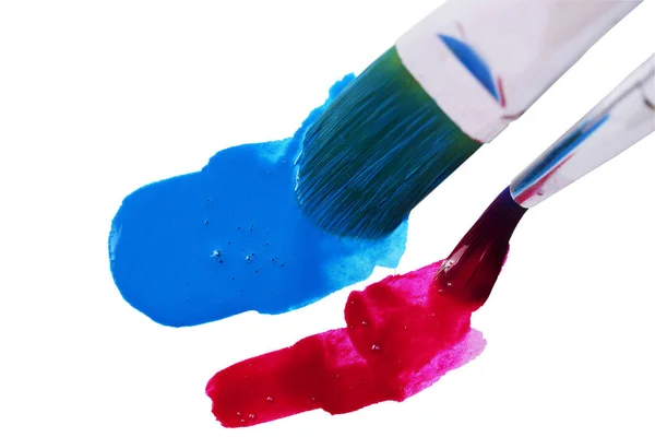 Two Brushes Wide Narrow Make Strokes Dark Red Blue Paints Stock Image