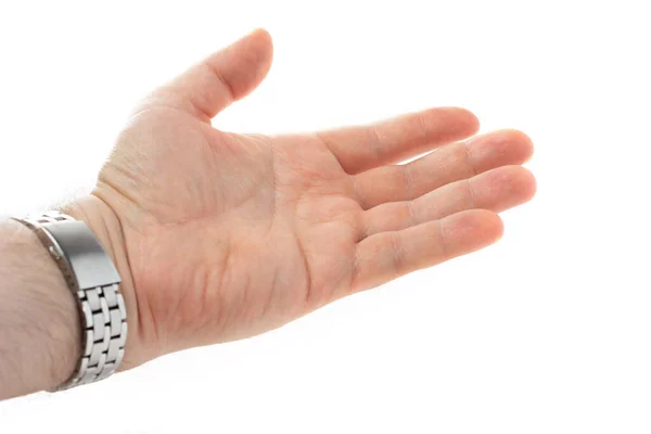 Hombre Extiende Mano Con Brazalete Reloj Aislado Sobre Fondo Blanco —  Fotos de Stock