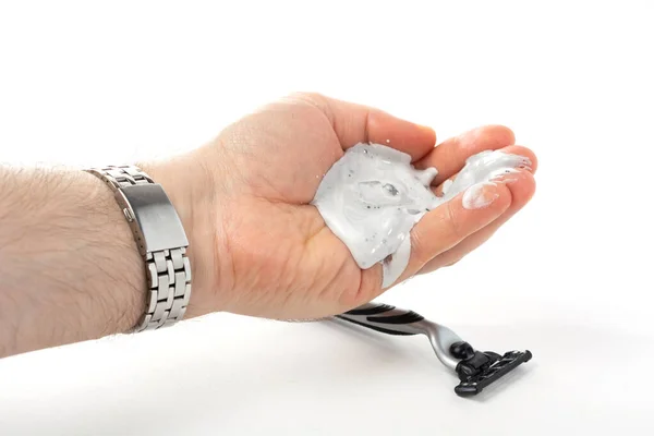 Ręka Mężczyzny Bralet Zegarek Trzyma Krem Golenia Dłoni Maszyna Golenia — Zdjęcie stockowe