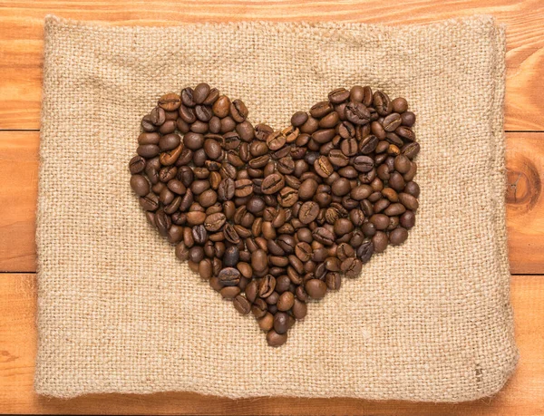 Heart Shape Made Coffee Beans Burlap Wooden Background Concept Dating — Stock Photo, Image