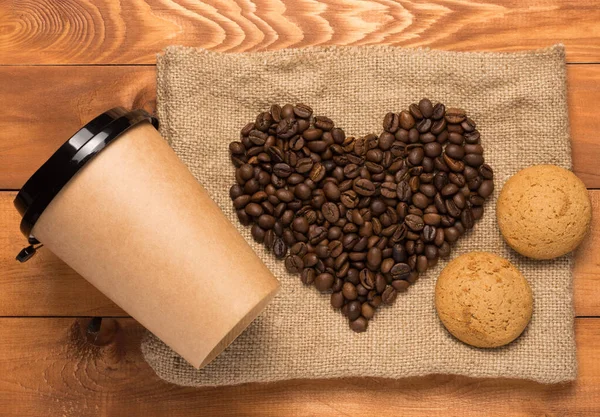 Heart Shape Made Coffee Beans Burlap Cardboard Cup Coffee Cookie — Stock Photo, Image