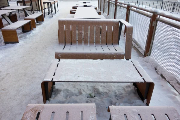 Tables Covered Frosty Frost Snow Outdoor Cafe Winter Russia Copy — Stock Photo, Image
