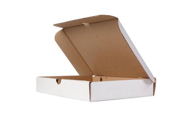 Yarı açık beyaz karton pizza kutusu ya da turta. Model modeli. Boşluğu kopyala.