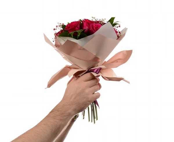 Homem Segura Buquê Flores Feriados Aniversários Casamentos Isolado Branco Espaço — Fotografia de Stock