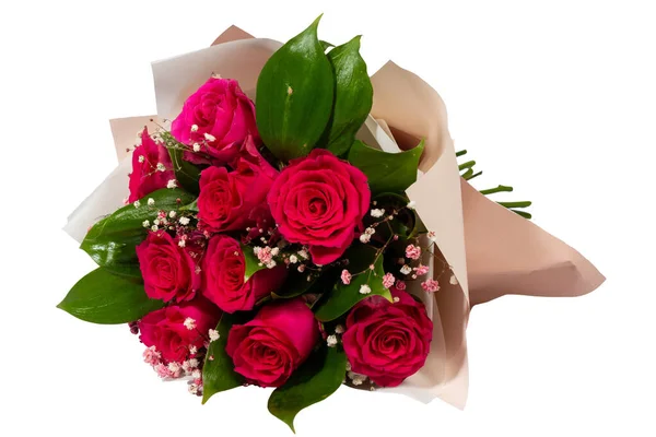 Buquê Flores Rosas Vermelhas Com Plantas Decorativas Isolado Fundo Branco — Fotografia de Stock