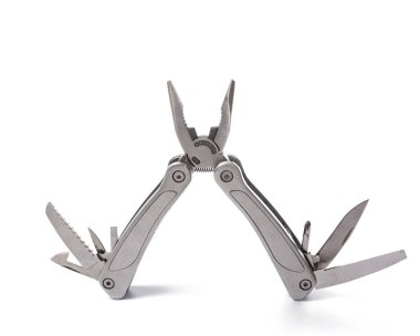 Gümüş Alet Bıçağı ve tüm aletler açık. beyaz arkaplanda izole.