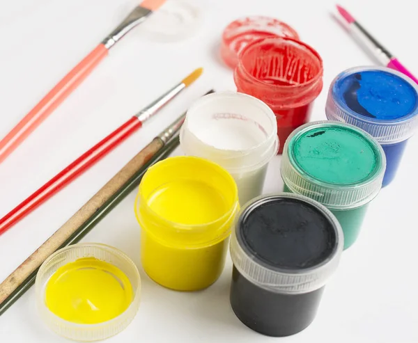 Jars Acrylic Paint Small Brushes White Background Copy Space — Stock Photo, Image