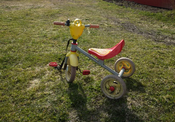 children\'s three-wheeled bicycle in the meadow. summer vacation concept for children. copy space.