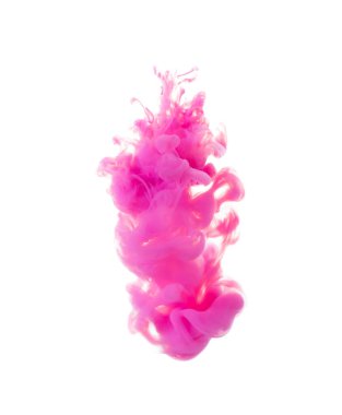 Pembe mürekkep bulutlarını beyaz arka planda suda çözüyor. Boşluğu kopyala.