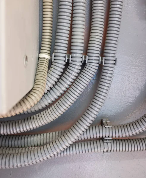 Alambres eléctricos en tubos corrugados de plástico entran en una caja de metal en la pared gris — Foto de Stock