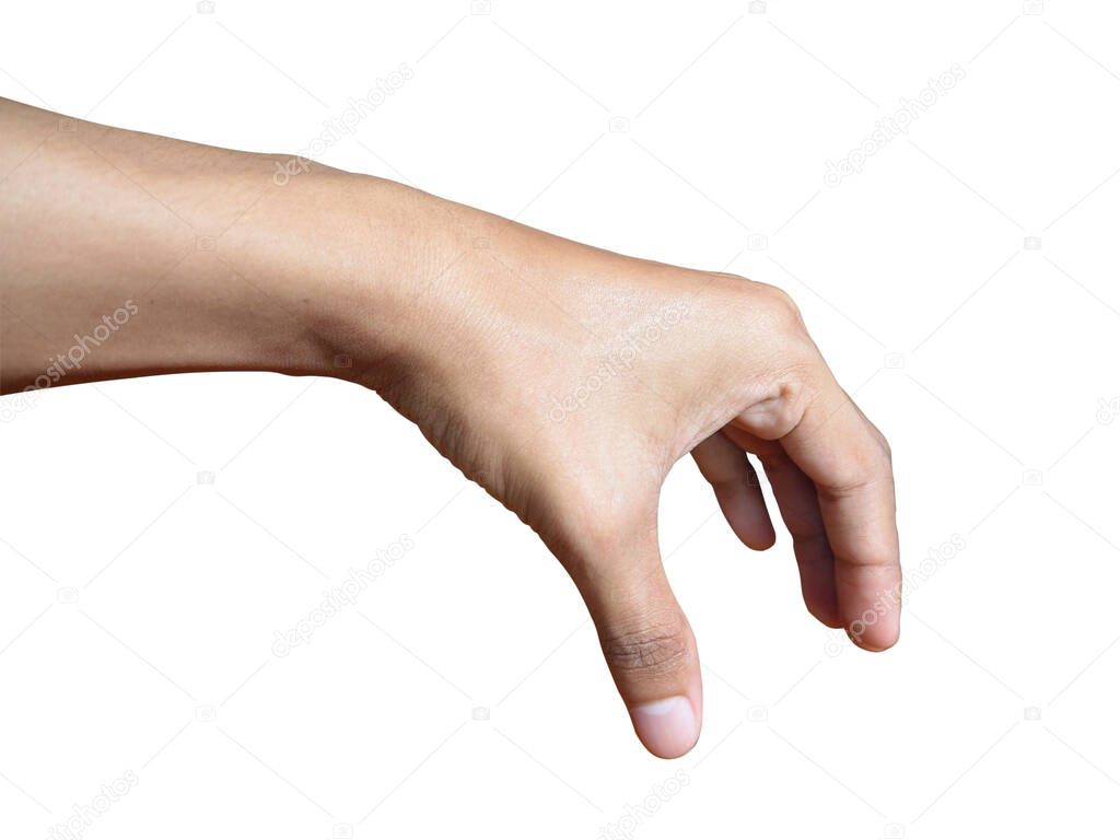 Young man hand showing gesture isolated on white background. clipping path for design