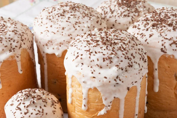 Orthodox Easter. Easter cakes. Traditional Kulich, Paska Easter Bread. Side view. Close up