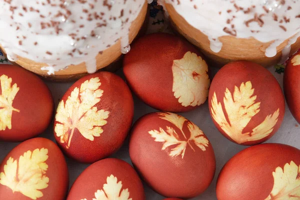 Orthodox Easter. Easter cakes and colored eggs. Traditional Kulich, Paska Easter Bread. Top view. Closeup
