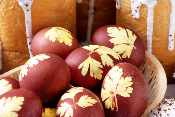 Orthodox Easter. Easter cakes and colored eggs. Traditional Kulich, Paska Easter Bread. Closeup