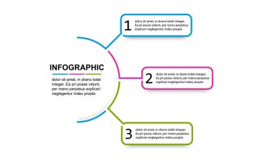 Zaman çizelgesi 3 afiş elemanları ve sayılar. Üç seçeneği olan yarı daire iş bilgi şablonu sunumu. 3 adımlı sunum için tasarlanmış iş konsepti.