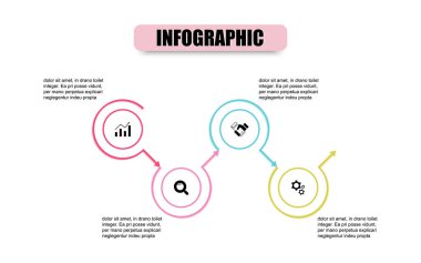 4 seçenekli sunum işi bilgi şablonu. İllüstrasyon için vektör dairesi tasarım şablonu bilgisel. Yaratıcı kavram çemberi ince çizgi bilgi dizaynı sunumu dört adım.
