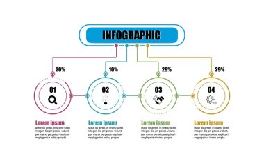 4 seçenekli sunum işi bilgi şablonu. İllüstrasyon için Infographic vektör tasarım dairesi şablonu. Yaratıcı kavram çemberi ince çizgi bilgi dizaynı sunumu dört adım
