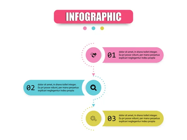 Konzept Infografik Kreise Rechtecke Halbkreise Kommen Zusammen Drei Schritte Präsentieren — Stockvektor