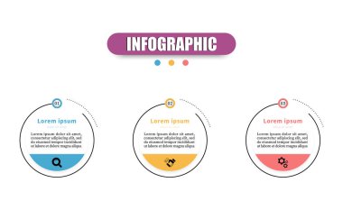 Vektör tasarımı, 3 adım, seçenekler, pazarlama simgeleri içeren minimal ticari bilgi grafikleri şablonu. Üç dairesel elementi olan vektör bilgisi. Sunum, diyagram, pankart, web tasarımı için kullanılabilir.