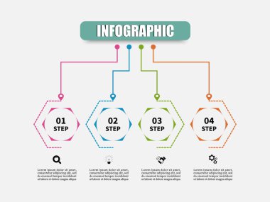 Altıgen vektör çizimi, 4 adım, seçenekler, pazarlama simgeleri. Dört elementle birlikte zaman çizelgesi bilgi şablonu planlanıyor. İş için kullanılabilir, sunumlar, web tasarımı, diyagramlar, eğitim.