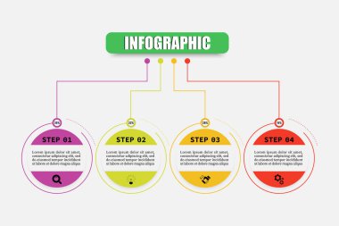 Vektör tasarımı asgari ticari bilgi grafikleri şablonu 4 adım, seçenekler, pazarlama simgeleri. Dört dairesel elementli vektör bilgisi. Sunum, diyagram, pankart, web tasarımı için kullanılabilir.