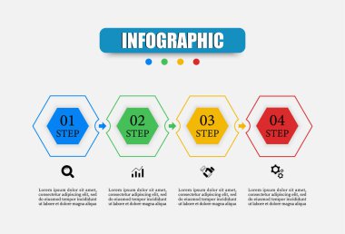 Dört elementten oluşan zaman çizelgesi bilgi şablonu planla. 4 aşamalı, opsiyonlu, pazarlama ikonlu Infographic altıgen vektör çizimi. İş, sunumlar, web tasarımı, diyagramlar, eğitim için kullanılır.