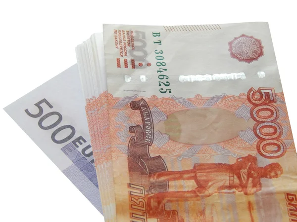 与 5,000 卢布一捆钱欧元 — 图库照片