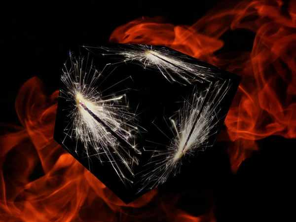 Ilustração 3D. Cubo com faíscas no fundo de fogo — Fotografia de Stock