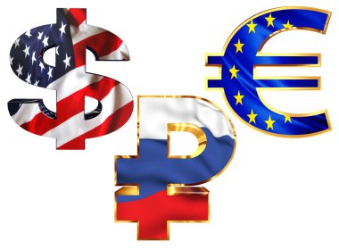 3D çizim. Ulusal para birimi sembolleri beyaz bir arka plan üzerinde nakit