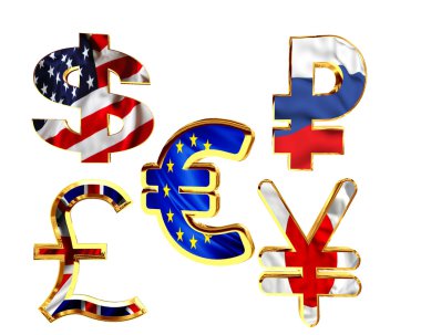 Ulusal para birimi sembolleri beyaz bir arka plan üzerinde nakit