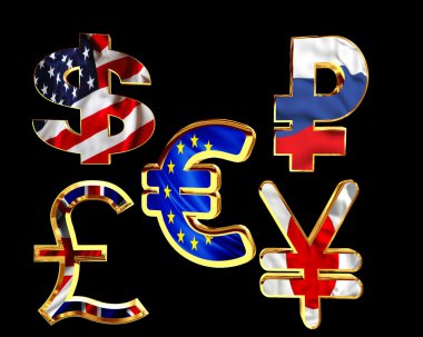 Ulusal para birimi sembolleri bir siyah arka plan üzerine nakit