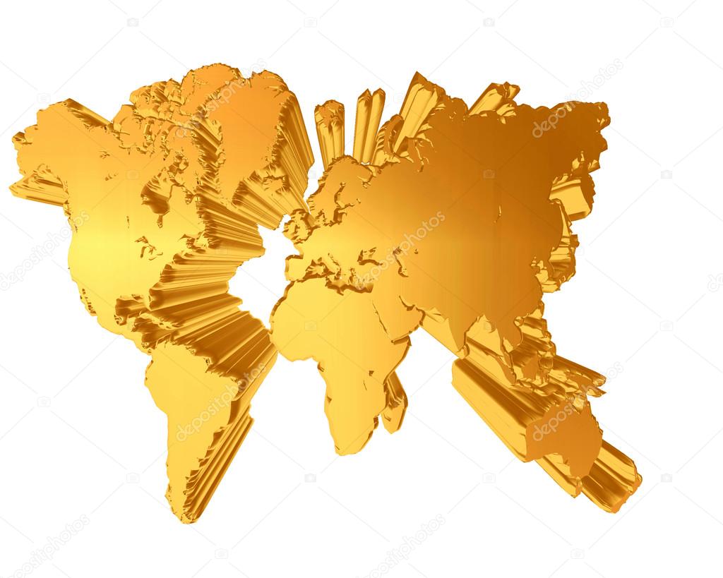 Golden world map on a white background