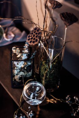 Modern, güzel, koyu renk iç mekan, oda grisi renk, gardırop rafları alışılmadık kasvetli dekorasyon masası kumaşı, kurutulmuş çiçekler, su dolu vazolar, yosun, dallar, alışılmadık bir tarz, cadılar bayramı.