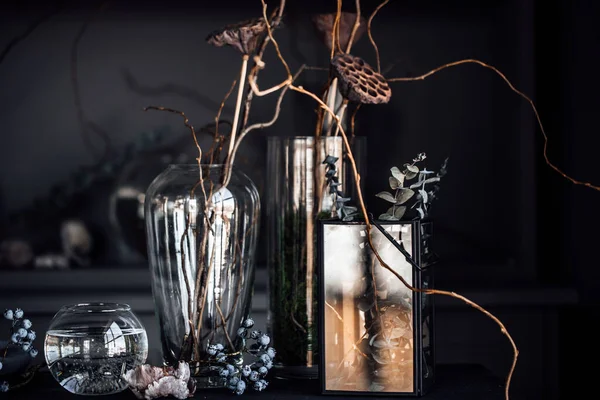 Moderne Bel Intérieur Sombre Couleur Gris Chambre Étagères Armoire Tissu — Photo