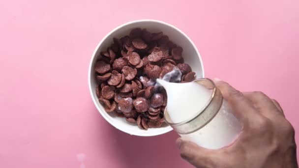 Verter leche sobre hojuelas de chocolate en un tazón sobre fondo rosa — Vídeos de Stock